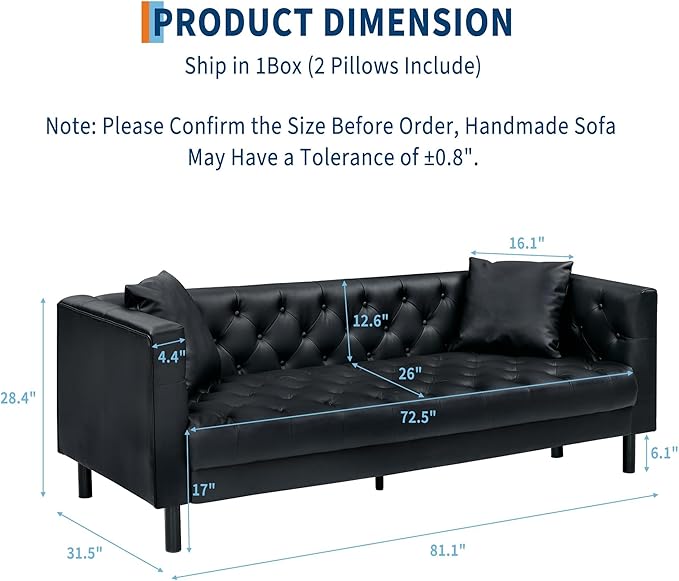 IDEALHOUSE 81" Mid Century Modern Leather Sofa, 3 Seater Chesterfield Couch with Button Tufted Back & Deep Seat, Upholstered Living Room Sofa for Apartment or Office, Black
