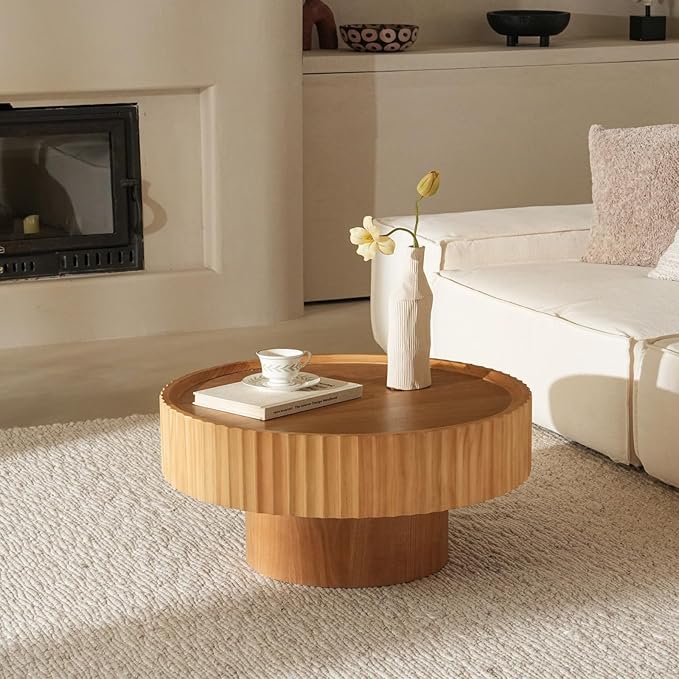 Round Coffee Table, 30.3in Modern Living Room Table, Fluted Drum Circle Tea Table with Storage, Accent Center Tables for Living Room, Apartment, Small Space(30.3''L×13.7''H) (Nature Wood)