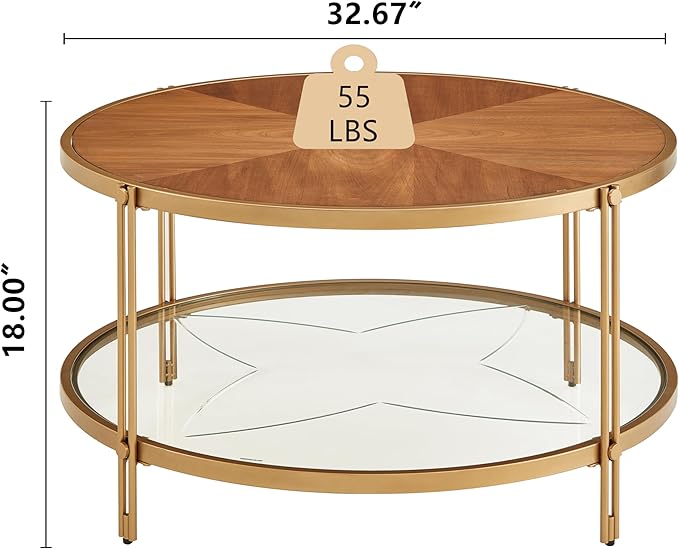 32" Round Wood Coffee Table with Glass Bottom, Circle Coffee Table with Wood Top ＆ Metal Frame, Small Center Table for Living Room, Apartment (32" Dx32 Wx18 H, Gold)