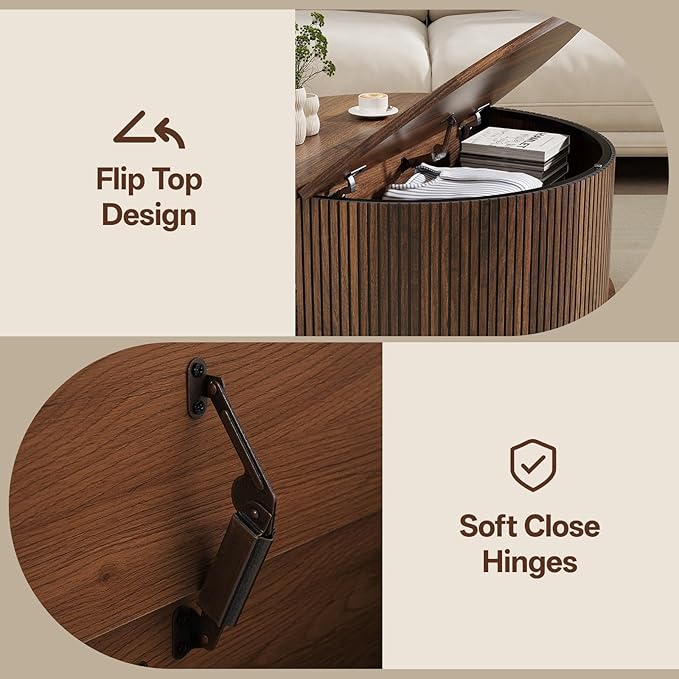 Round Coffee Table with Storage, Mid Century Modern Coffee Table, Fluted Dining Table with Sliding Door, Circle Coffee Table for Living Room Home Office, 31.5", Walnut