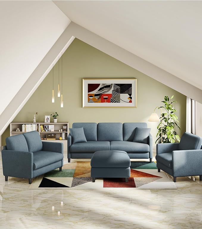 83" Couches for Living Room, Comfy Sofas for Living Room with Storage Ottomans, Teddy Sofa Couch, Tool-Free Loveseat Sofa, All-Wood Love Seat Couches, U Shaped Couch Pillows Include, Blue Grey
