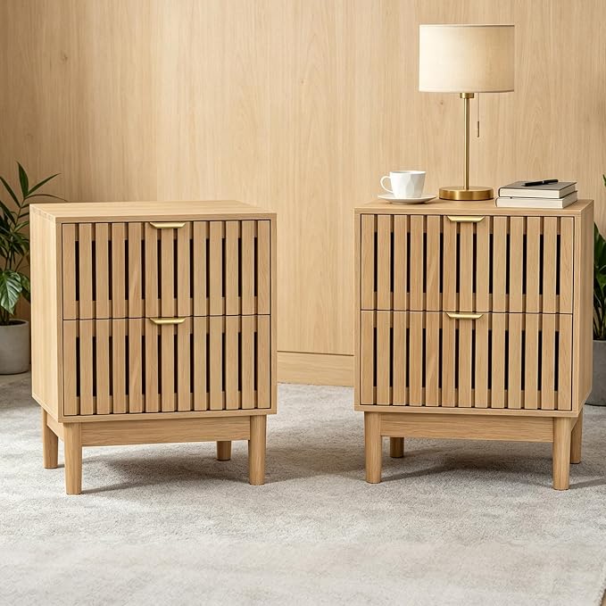 Kiasthome Mid-Century Wood Nightstand with 2 Drawers, Fluted Front Bedside Table, Functional End Table for Bedroom & Living Room (Light Oak (2-Pack)) by KiasthomeModernFurniture