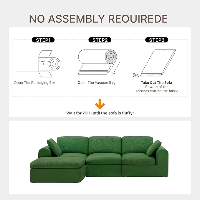 108" Boneless Cloud Couch Sectional No Assembly Required Modular Sofa with Deep Seat for Living Room L Shaped Couch with Ottoman Snowflake Fabric and Memory Sponge Moss Green