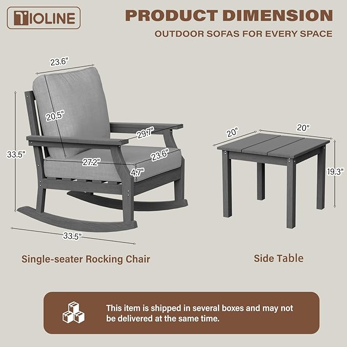 HDPE Patio Conversation Set, 3-Piece All Weather Outdoor Furniture Set with 2 Rocking Sofas for Deck, Lawn, with Cushion, Gray