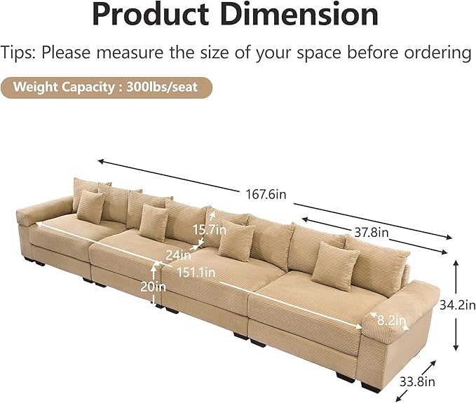 KEIKI 168" Oversized Corduroy Modular Cloud Sectional Sofa with High-Density Foam Cushions, Extra-Thick Armrest, Upholstered Modern 4-Seater Fluffy Corner Couch with 12 Pillow, for Living Room, Camel