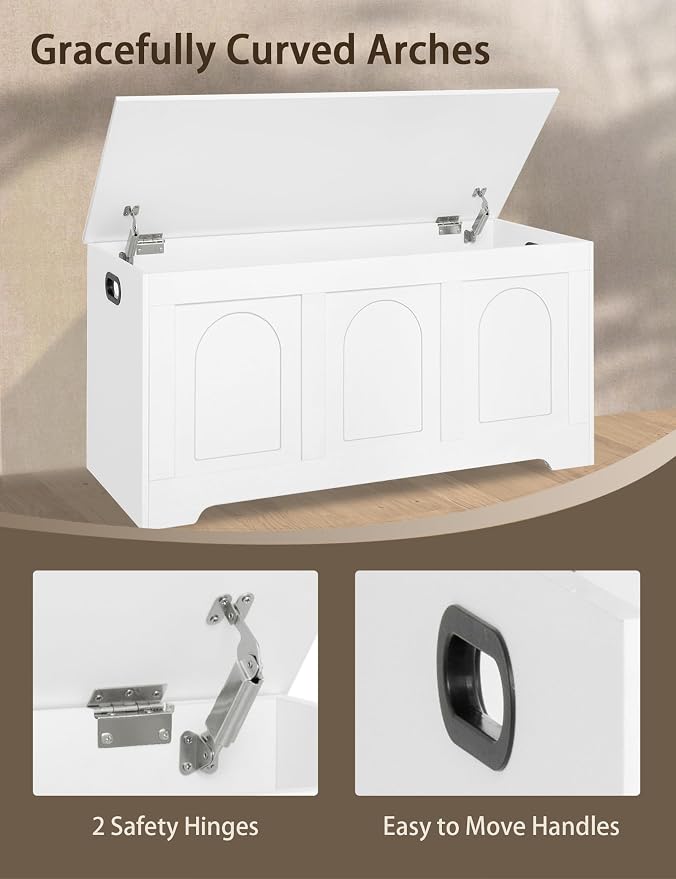 DINZI LVJ Storage Chest, 39.4” Wooden Toy Box with 2 Safety Hinges, Entryway Shoe Bench with Flip-Top, Sturdy Large Storage Trunk for Living Room, Bedroom, Playroom, Easy Assembly, White - Image 5