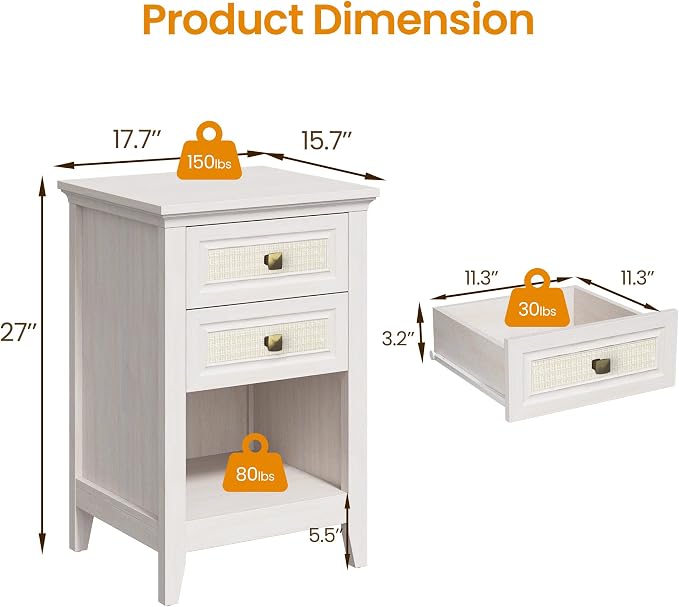 RoyalCraft Rattan Nightstand Set of 2, White Night Stand for Bedroom, Boho Bedside Table with 2 Drawers, Wood End Table for Small Space, Grayish White - Image 2