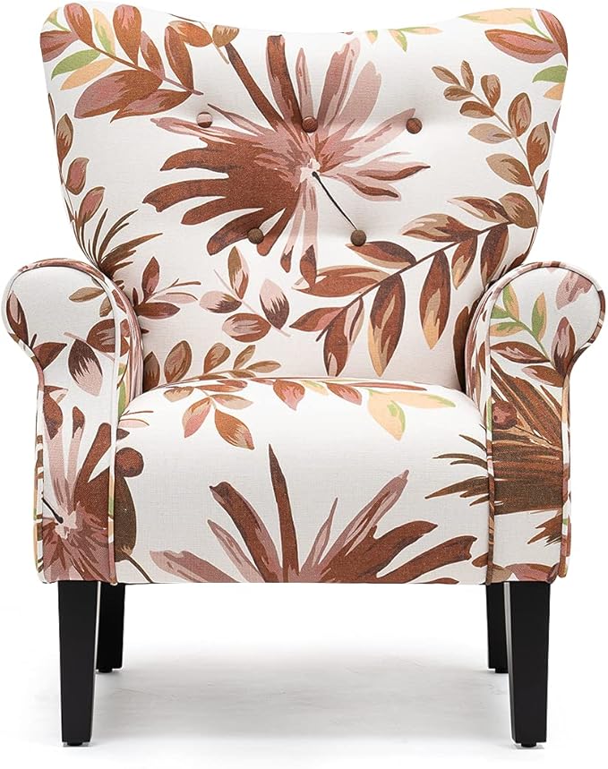YOLENY Mid Century Wingback Arm Chair,Modern Upholstered Fabric High Back Accent Chair with Wood Legs,Upholstered Single Sofa Club Chair for Living Room, Bedroom, Home Office,Red Leaves