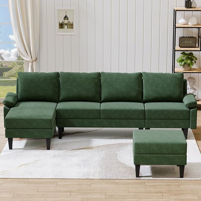 115 Inch Modular Sectional Sofa with Storage Ottoman, Modern L-Shaped Sectional Couch with Chaise, Chenille Couch for Living Room, Apartment or Small Spaces, Green