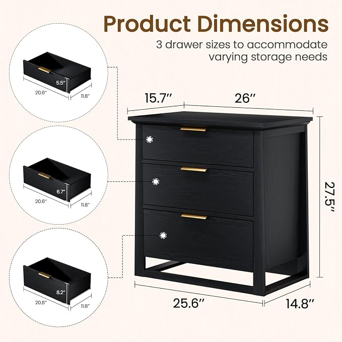 Rresyet 3 Drawer Nightstand Set of 2, 26 inch Wide Night Stand with Spacious Storage Set, Wooden Bedside Table for Bedroom & Office (Black) - Image 2