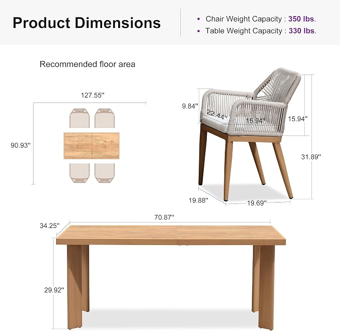 PURPLE LEAF 5 Pieces Patio Dining Set Aluminum Modern Rectangular Table and Rattan Arm Chairs with Cushions for Kitchen Porch Garden Outdoor Furniture Sets, Teak - Image 8