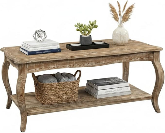 Alaterre Furniture Austerity 42-Inch Rustic Coffee Table with Open Shelf, Curved Legs, and Scalloped Edge - Easy Assembly Reclaimed Wood Living Room Table - Farmhouse Furniture (Driftwood Finish)