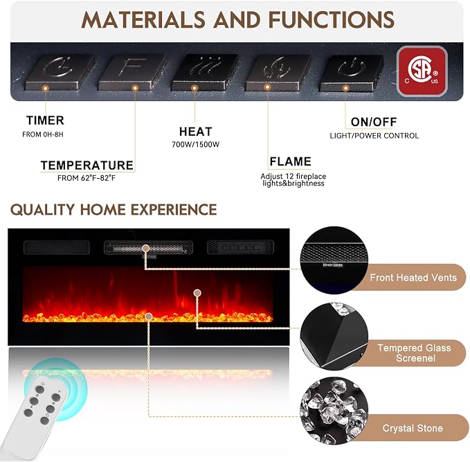 70" TV Stand for Living Room, Modern Entertainment Center & Media Console, Fits TVs up to 80", Storage Cabinet with Shelves, 36" Electric Fireplace with LED Flame (All Black) - Image 6
