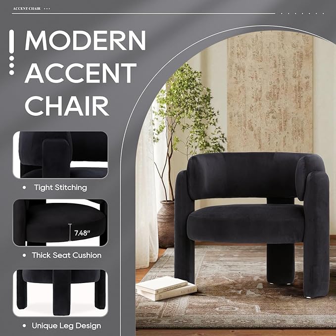 COLAMY Modern Velvet Accent Chair, Upholstered Barrel Chair, Comfy Side Arm Chair with 3 Legs for Living Room, Bedroom, Reading, Black