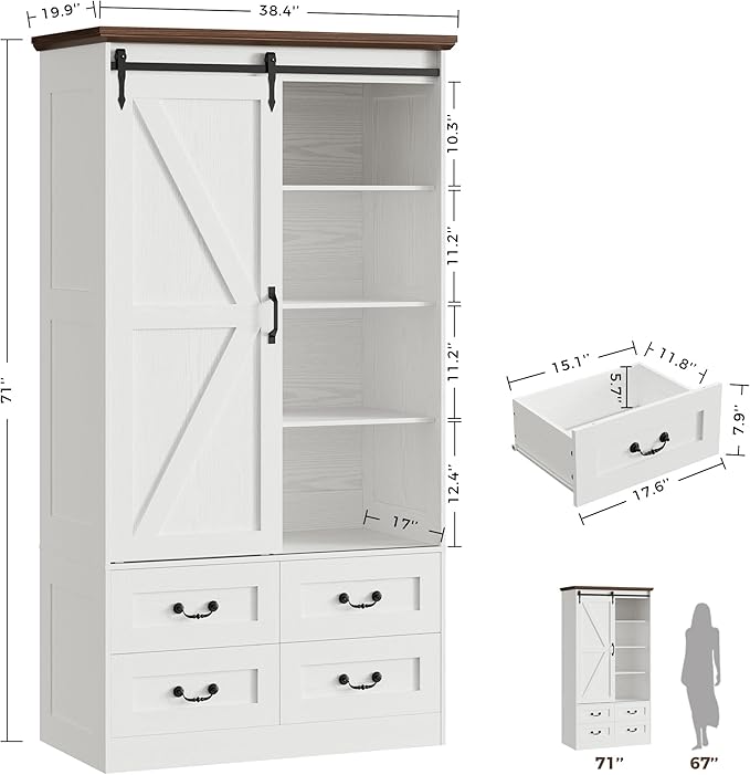 IRONCK Armoire Wardrobe Closet with 4 Drawers,71" Wardrobe Cabinet with Sliding Barn Doors, Tall Clothing Storage Cabinet with Hanging Rod and Shelves for Bedroom, White