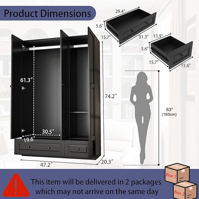 Armoire Wardrobe Closet with Drawers: 74" Black Wardrobe Close with 3 Doors, Tall Armoire with Hanging Rod, Large Wood Clothes Cabinet for Bedroom (Black, 47")