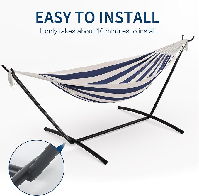 Double Hammock with Steel Stand - 2 Person Hammock Bed Indoor Outdoor, Brazilian-Style, with Carry Bag, 450lb Capacity, Portable & Easy Assembly, Blue&White - Image 6