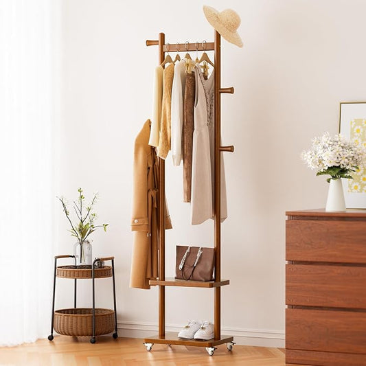 Solid Wood Coat Rack Freestanding Clothing Rack with Wheels & 2 Shelves Storage & 5 Hooks Heavy Duty Clothes Rack Wood Coat Tree Stand Hat Hanger Rack for Corner Bedroom Entryway Living Room Hotel by Taitiy