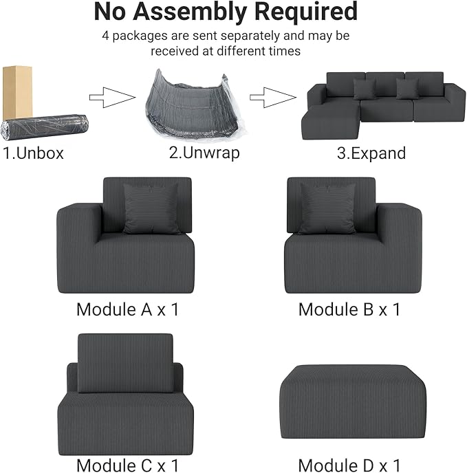 Modern L-Shaped Modular Sectional Couches for Living Room, Bedroom, Oversized 4 Seater Upholstered Boneless Sofa with Ottoman, Deep Seat, Pockets No Assembly Required (Gray) | Corduroy Sofa, High-density Foam, No Assembly Required, Sectional Couches