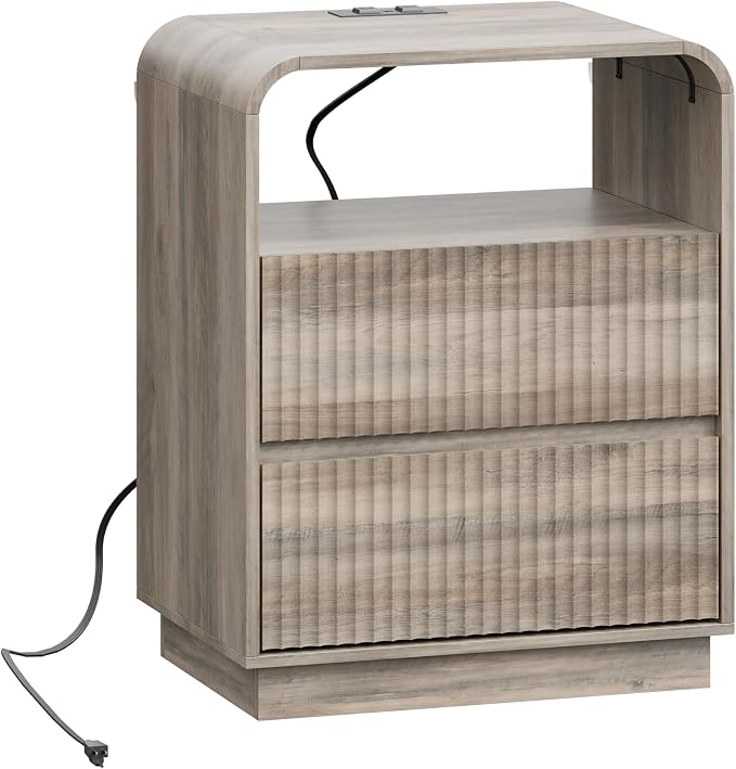 Wodeer Grey Nightstand with Charging Station, Mid Century Modern Bedside Table & End Table, Fluted Wood Small Night Stand with 2 Hidden Drawers and Storage Shelf for Bedroom, Gray - Image 8
