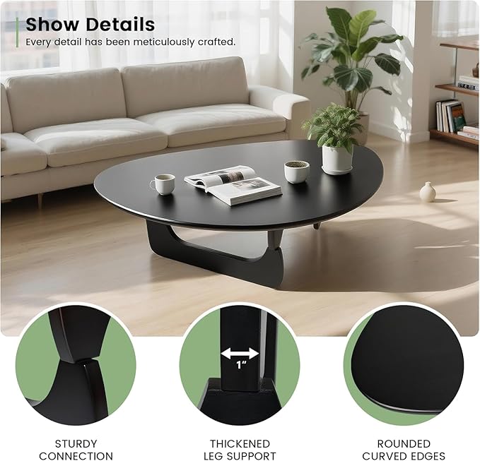 Solid Wooden Modern Triangle Coffee Table: Unique Funky Coffee Tables for Living Room, Oval Mid-Century Irregular Abstract Tea Tables for Patio Office Balcony Bedroom (Black, 33" L x 22" W x 16" H)