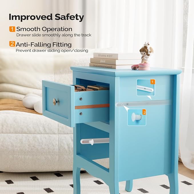 Bonnlo Nightstand Set of 2, Nightstands with 2 Drawers, Blue Nightstand, Bed Side Table/Night Stand, Small Nightstands for Bedroom, Small Spaces, College Dorm, Kids’ Room,Living Room, Wood,16W*12D*24H - Image 6