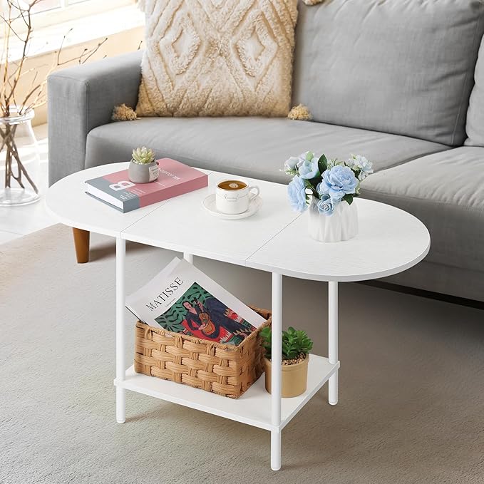 OYEAL White Coffee Table for Living Room, Small Oval Coffee Table with Storage and Wood Tabletop, Mid Century Round Center Table for Small Space, Home Office