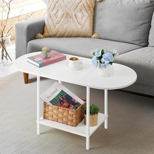 OYEAL White Coffee Table for Living Room, Small Oval Coffee Table with Storage and Wood Tabletop, Mid Century Round Center Table for Small Space, Home Office