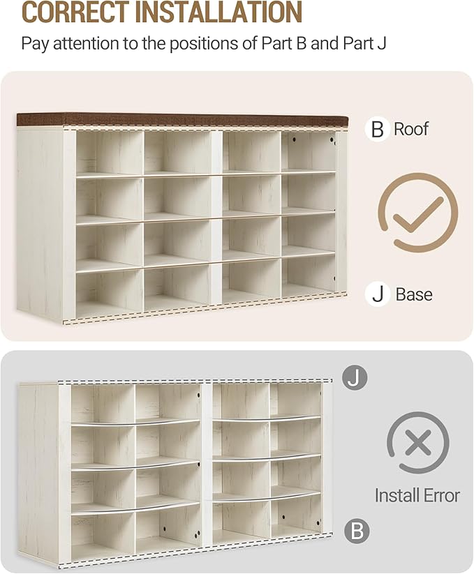 Hzuaneri Shoe Bench with Cushion, Entryway Storage Bench with 16 Cubbies, Cubby Shoe Rack with Adjustable Shelves, Shoe Organizer Cabinet for Living Room, Bedroom, Entryway, Rustic White SB25614KA - Image 6