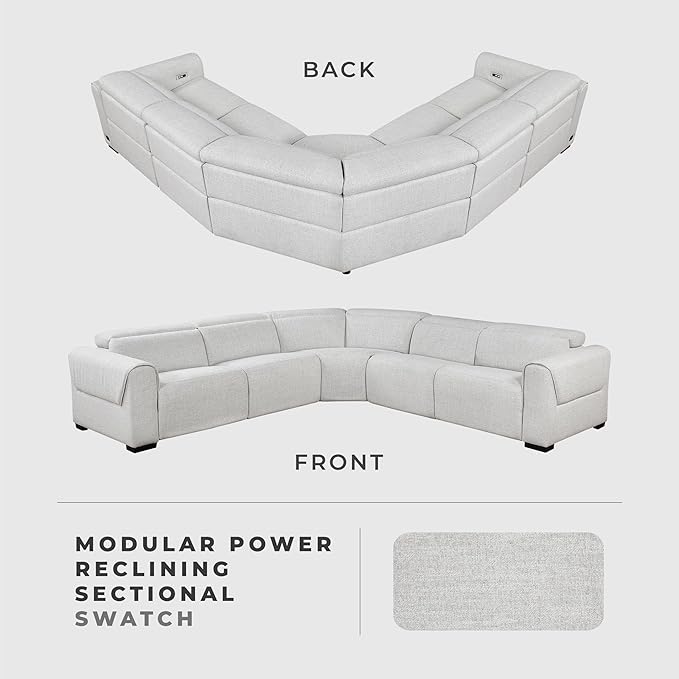 Lexicon Power Reclining Sectional Couches for Living Room-Modular Sectional Sofa, Wall Hugger, 3 Recliner Seats, Power Headrests, Charging Ports, 5 Seater Couch, Chenille Cloud