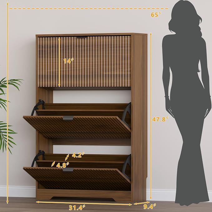 BORNOON Entryway Shoe Cabinet with 3 Flip Drawers, Narrow Shoe Organizer Cabinet with Fluted Panel and Adjustable Shelves for Foyer, Hallway - Image 2