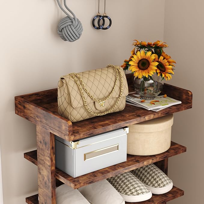 HOMEFORT 7-Tier Wood Shoe Rack, Double Rows Shoe Shelf, Shoe Storage Stand, Entryway Shoe Tower, Vertical Shoe Organizer for Narrow Closet, Entryway, Hallway, Rustic Brown - Image 8