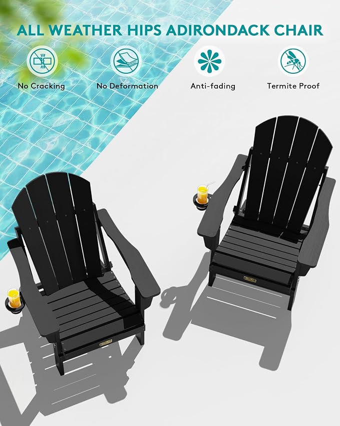SERWALL Folding Adirondack Chair with Cup Holder for Outdoor, All-Weather Patio Chairs with Wood Texture, Fire Pit Chairs for Deck Porch Garden - Black - Image 7