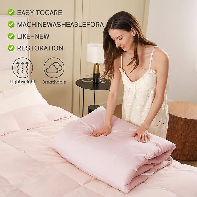 Joysoul Goose Feathers Fiber Comforter - Lightweight Ultra Soft Fabric Cover Breathable White Down Feather Fill, Pink King Size Duvet Insert (104" X 88")