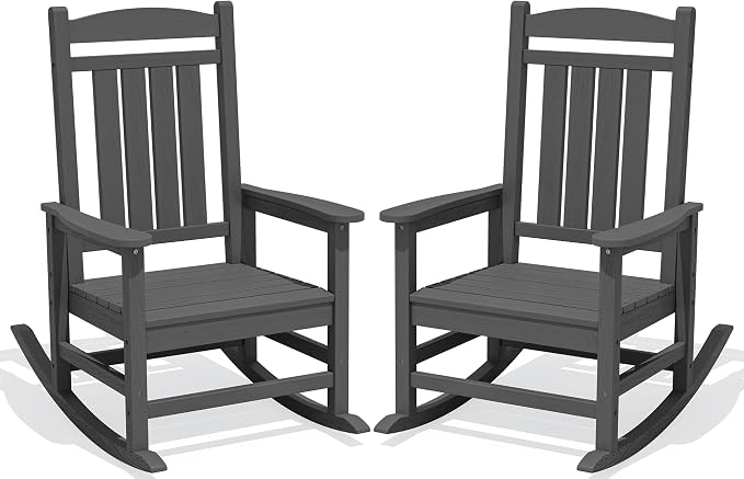 KINGYES Oversized HDPE Patio Rocking Chair Set of 2, Outdoor Rocking Chairs Porch Rocker for Adults, Grey by KINGYES