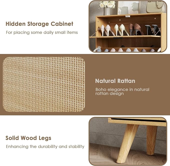 MU Natural Rattan Shoe Cabinet, Entryway Shoe Cabinet with 2 Flip Drawers and Hidden Cabinet, Boho Shoe Organizer Cabinet, Wooden Shoe Storage Cabinet for Entrance, Hallyway, Natural - Image 6