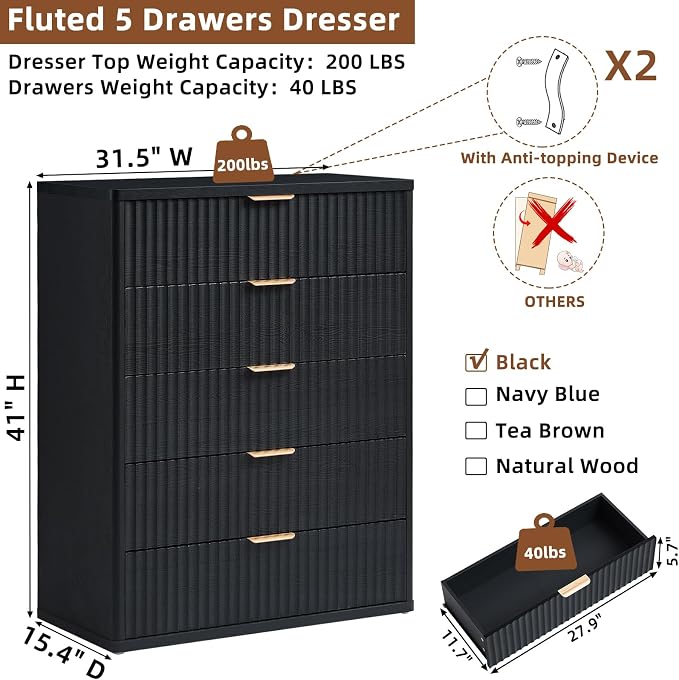 LEYAOYAO Fluted 5 Drawers Dresser for Bedroom Set of 2, 41" Tall Modern Chest of Drawers with Metal Handle, Curved Profile Design,Black Wood Drawer Organizer for Bedroom, Living Room, Hallway - Image 2