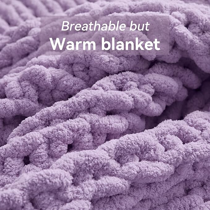Negwoo Chunky Knit Throw Blanket, 50''*60'' Knitted Throw Chenille Yarn for Bed Couch, Handmade Light Purple Crochet Big Thick Blanket, Machine Washable Cute Comfy Blanket for Home Decor