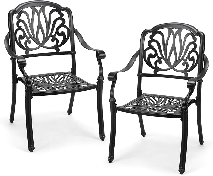 VINGLI Patio Chairs Set of 2 - Stackable Outdoor Cast Aluminum Dining Chairs with Vintage Black Finish and Floral Pattern, Metal Armchairs for Poolside, Backyard, Balcony (No Cushion) by VINGLI