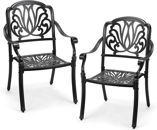 VINGLI Patio Chairs Set of 2 - Stackable Outdoor Cast Aluminum Dining Chairs with Vintage Black Finish and Floral Pattern, Metal Armchairs for Poolside, Backyard, Balcony (No Cushion) by VINGLI