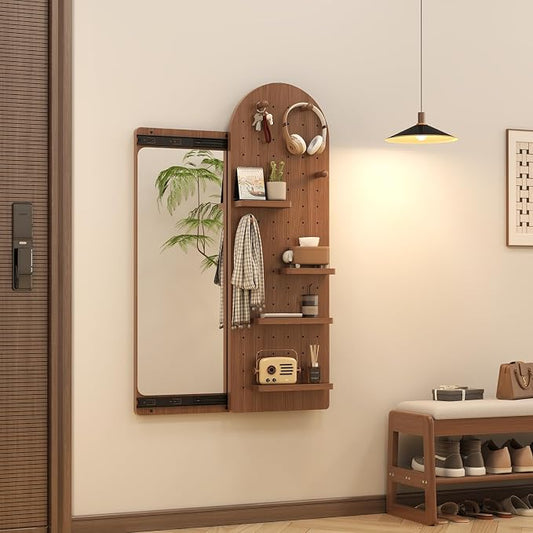 KungFuWood Full Length Mirror with Shelf and Hooks,Entry Way Mirrors for Wall,Wall Mirror with Shelf,Wall Mirror with Storage Multifunctional Design Panel,Living Room (Deep Walnut, 52.4" L x 19" W) by VisittheKungFuWood