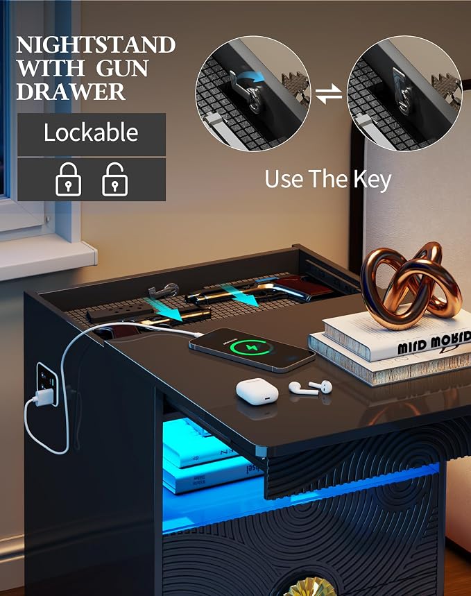 LED Nightstand with Gun Drawer, Modern Bedside Table with 3-Color Lights & Human Sensor, Smart Night Stand with Charger Station, 2 Drawers End Table for Bedroom, Black - Image 3