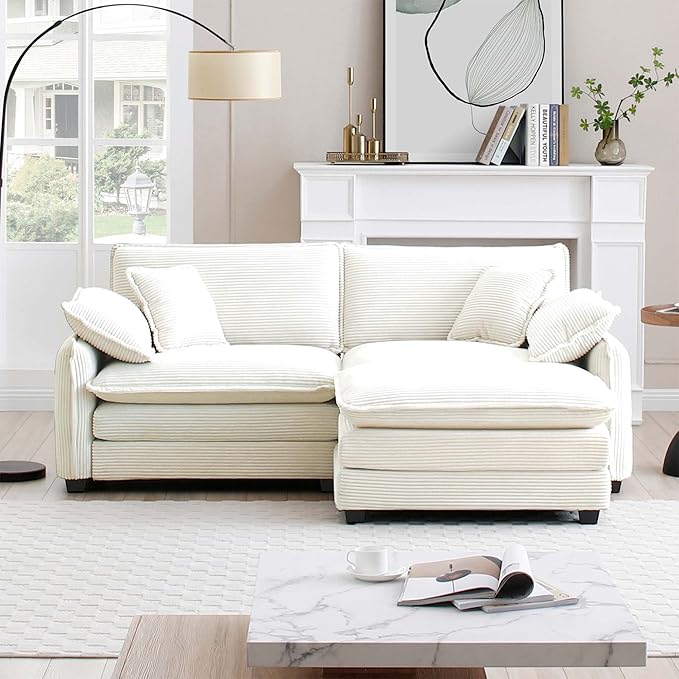 KEIKI 81" L-Shaped Oversized Corduroy Modular Sectional Loveseat Sofa with 1 Ottoman, High-Density Foam Cushions, Removable Armrests, Upholstered 2-Seater Couch with 4 Pillow, for Living Room, Beige