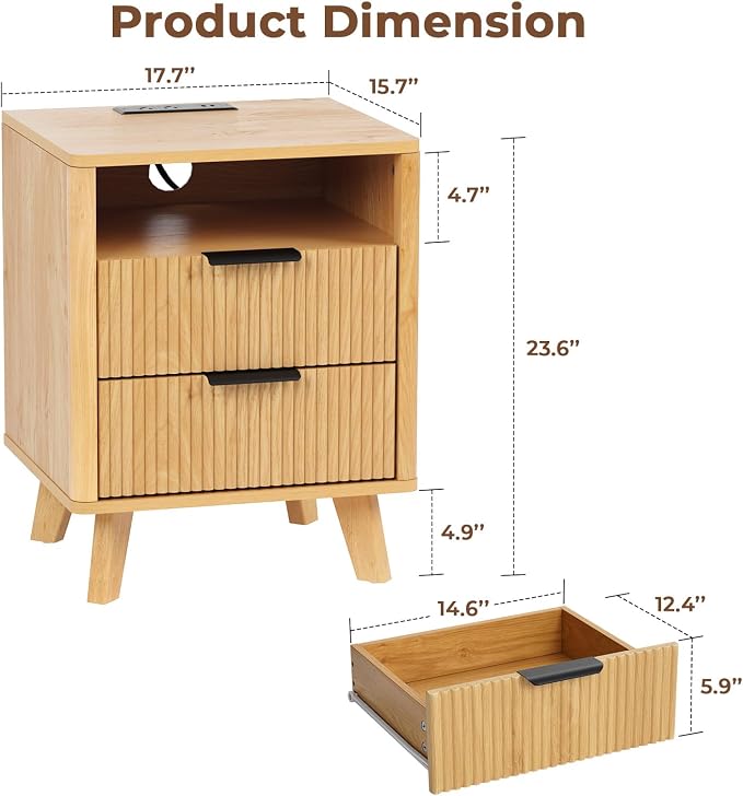 HOMMPA 18'' Fluted Nightstand with Charging Station, Modern Bedside Table, 2 Drawer Bed Side End Table with Open Compartment & 4 Support Legs, Wood Night Stand for Bedroom, Curved Profile Design - Image 2