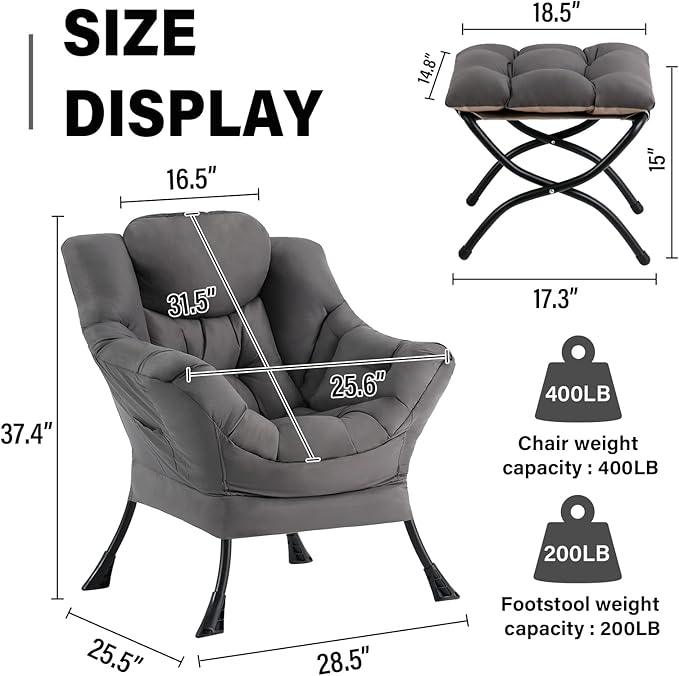 Lazy Chair with Ottoman, Modern Accent Chair Contemporary Sofa Chair with Armrests, Reading Chair and Folding Footstool Set for Living Room, Bedroom, Office, Dark Grey