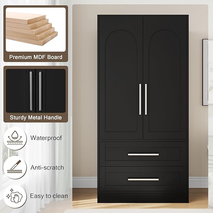 Einhomn Wooden Armoire Wardrobe Closet with 2 Doors and 2 Drawers,Freestanding Armoire Storage Cabinet with Shelves,Tall Clothing Storage Cabinet Suitable for Bedroom,Black