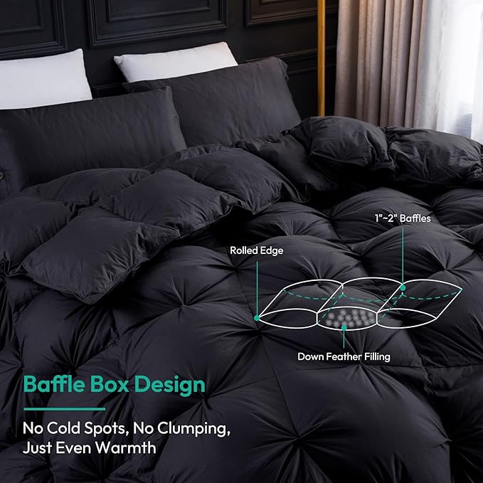 Three Geese Pinch Pleat Waterfowl Feathers and Down Comforter Cal King Size Duvet Insert,750+ Fill Power,1200TC 100% Cotton, Premium All Seasons Black-Gray Warm Hotel Comforter with 8 Tabs.