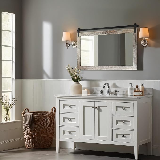 COGOOD Farmhouse Barn Door Mirror - 41" x 26" Rustic Wood Framed Wall Mirror for Bathroom, Living Room, Entryway Wall Decor (Yellow White) - Image 2