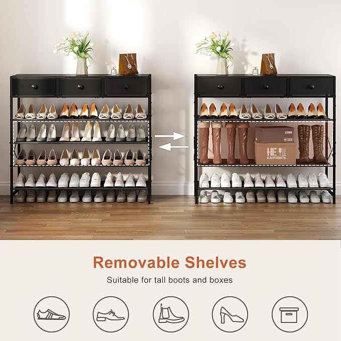 Shoe Rack, 5 Tier Shoe Organizer with 3 Drawers, Metal Shoe Storage for 24-30 Pairs of Shoes with Fabric Shelves and Wooden Top, Narrow Shoe Shelf for Closet Entryway Black - Image 6
