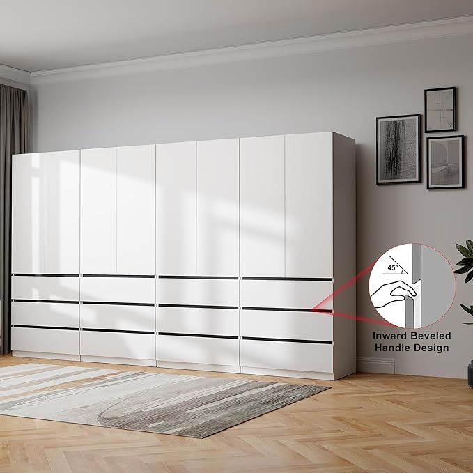Large Wardrobe Closet with 8 Doors: 75" White Armoire with 12 Drawers, Wooden Wardrobe for Hanging Clothes, Tall Storage Cabinet with Shelves and Hanging Rod (B+B+B+B, 126")